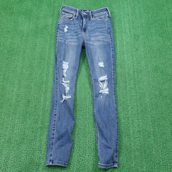 HOLLISTER CALIFORNIA HIGH RISE SUPER SKINNY DISTRESSED DENIM BLUE JEANS 0S 24X26 - Picture 1 of 9